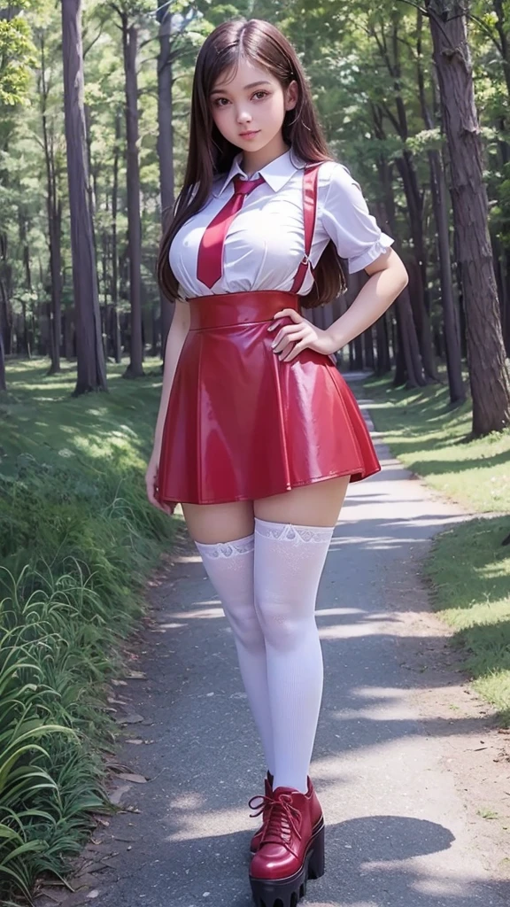 Full body, canera view from bottom, fited figure, cute  teen   beautiful schoolgirl, beautiful cute teen face big lips, red Leather skater  skirt pinafore dress, red leather pinafore dress, transparent white  blouse with short puffy sleeves, red tie, brunet long hair, beautiful eyes. stockings,  thick platform sneakers, schoolgirl teenager stands in forest, photorealistic, full figere , curvy shiny lips, beautiful eyes