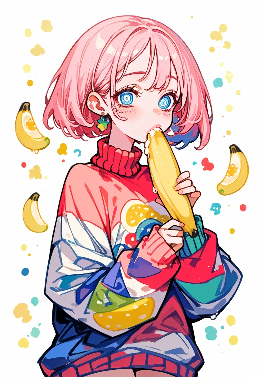 (masterpiece, best quality: 1.2),Barbie doll,，colloid， Sexy eyes，The expression of a kiss，Wet pink and white sexy lips， colloid skin，Full figure，earrings（（Watercolor pattern sweater））eating banana，full-body shot