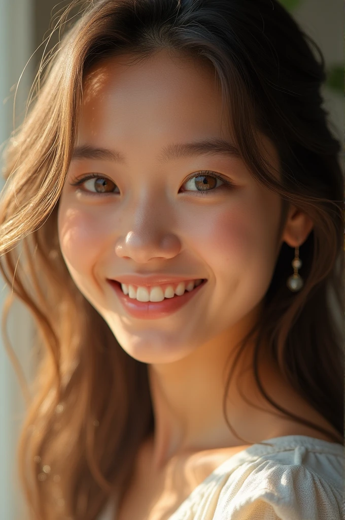 highest quality, masterpiece, ultra high resolution, (realistic:1.3), RAW photo, 1 girl, 22 year old photo,A room facing the setting sun,evening,The setting sun hits my face,beautiful skin,transparent skin,(smile),((smile showing teeth))masterpiece, realistic pictures, japanese pictures, saturation, contrast, long hair chignon,