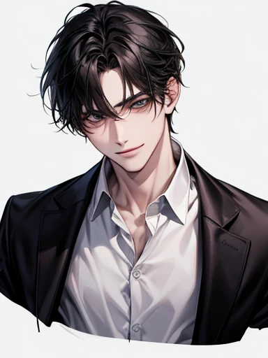 High image quality、{male}、Illness、darkness、 white shirt 、、 Black Hair 、、High image quality、8k、dark、White、 face up、male、 cool、adult、dark、 simple background 、Suspicious smile、{危ないmale}{dark}、adult、{White}、{Science Room}