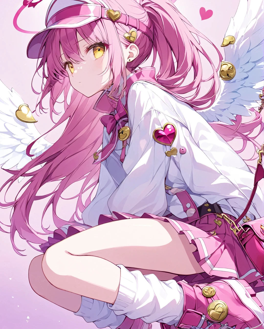 1girl,AIU,profile,portrait,looking away,1girl,solo, pink hair, yellow eyes, heart, magical girl, visor cap, lock button, skirt, hair ornament, ponytail, loose socks, pink footwear:0.9, sanpaku, bags under eyes, jitome (((angel girl vs demon girl )))