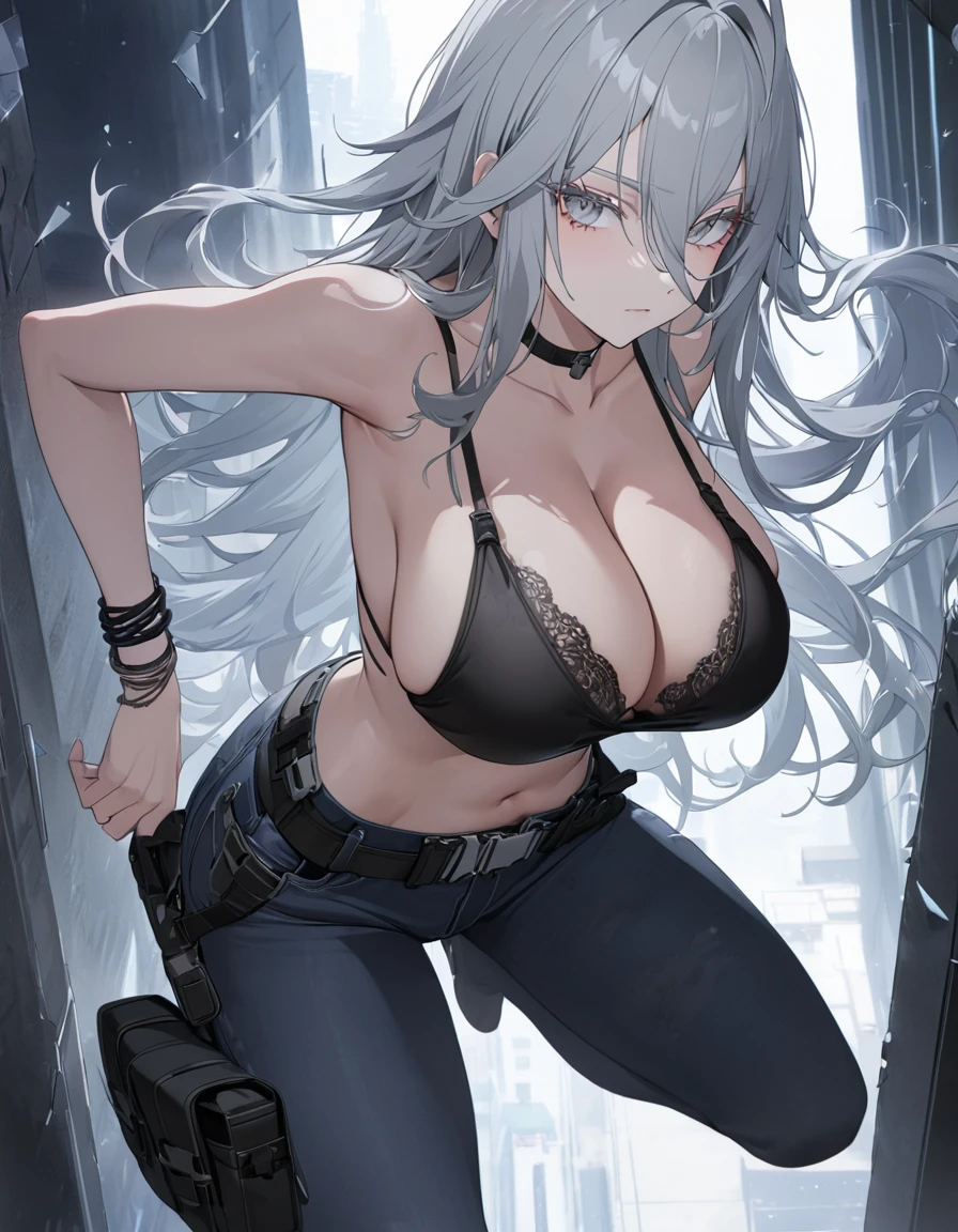 sovetsky_Soyuz, grey hair, long hair, black tank top, tight black jeans, tactical belt, bracelets, midriff, thong lace, choker, tactical, pouches, Cleavage, large breasts, first rate breasts, grey eyes, sharp eyes, Long eyelashes, eye shadow,  ominous vibe, expressionless, stoic, Ultra quality, UHD, high detail, anime aesthetic, Anime screenshot, Ultra quality, UHD, high detail. Drab apartment, dirty hallway, jumping off a ledge dark shadowy aesthetics, glass shards curvaceous ass, side eyeing, view from the shard, wallpaper quality