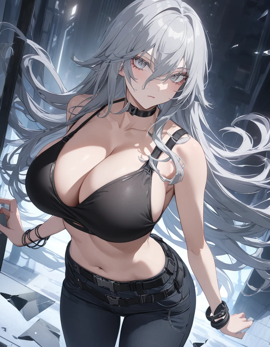 sovetsky_Soyuz, grey hair, long hair, black tank top, tight black jeans, tactical belt, bracelets, midriff, thong lace, choker, tactical, pouches, Cleavage, large breasts, first rate breasts, grey eyes, sharp eyes, Long eyelashes, eye shadow,  ominous vibe, expressionless, stoic, Ultra quality, UHD, high detail, anime aesthetic, Anime screenshot, Ultra quality, UHD, high detail. Drab apartment, dirty hallway, jumping off a ledge dark shadowy aesthetics, glass shards curvaceous ass, side eyeing, view from the shard, wallpaper quality