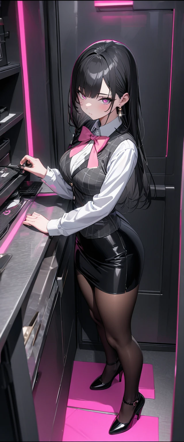 inside a high tech control room with many monitors and screen, bared legs, wearing black suit and mini tight skirt, a girl with calm and rational personality, demonstrating a loyal and efficient approach to her tasks, human-like aspect to her, possess emotions and empathy, leadership and cooperation would be crucial traits for her in order to support the mercenaries effectively, 6-foot-tall mechanical being with a silver metallic exterior, boasts a futuristic design, sports data control gloves on her wrists, with small hardware interfaces on her fingertips, waist carries a belt containing communication devices, hacking tools, and other accessories, 8k, masterpiece, RAW photo, best quality, photorealistic, extremely detailed CG unity 8k wallpaper, Depth of field, Cinematic Light, Lens Flare, Ray tracing, (extremely beautiful face, beautiful lips, beautiful eyes), intricate detail face, ((ultra detailed skin)) 1girl, in the dark, deep shadow, pretty korean girl, kpop idol, 1 girl, (very slim slender fit-muscled body:1.3), ((looking at viewer)),(big smile:1.3), (fashion city night, dark night, (neon sign), (blurred background), fashion street night),(without people in the background:1.3), beautiful earrings, bracelets, necklace, pantyhose, clear eyes, walking, (pale skin), (big eyes), face forward, (brown hairs), (full body shot), ((silk hot rosy pink color dress:1.3)), ((tight fitting dress)), ((laced dress)), (looking at viewer:1.3) open breast, very slim, medium breasts, turning back, (back shot), ass focus, brow front,(tight dress), thick thighs
