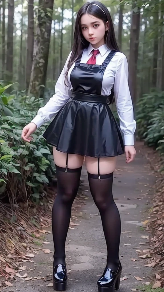 Full body, canera view from bottom, fited figure, cute teen beautiful schoolgirl, beautiful cute teen face big lips, black silk skater skirt pinafore dress, black silk pinafore dress, transparent white blouse with short puffy sleeves, red tie, brunet long hair, beautiful eyes. stockings, thick platform shoes, schoolgirl teenager stands in forest, photorealistic, full figere , curvy shiny lips, beautiful eyes