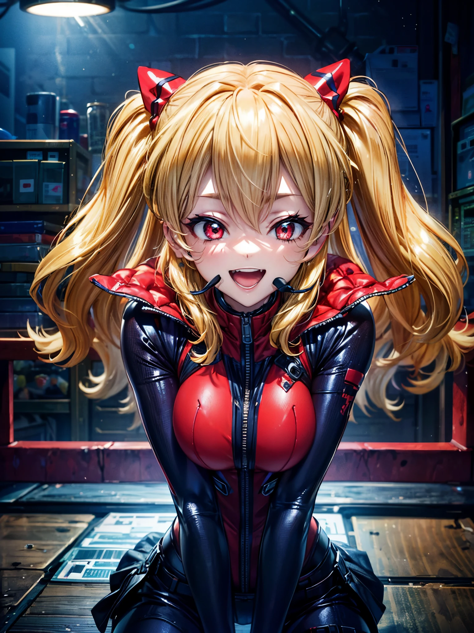 (nsfw:0.7),(RED Ribbon on HAIRband:1.2),(8k back ground), ((deep shadow)), (ultra fine illustration), (best quality), (insanely detailed eyes mouth lip hair arms legs clothes back ground), (1girl, girly makeup, surprise, shocked, blond, blunt bangs,long curly hair, Medium breasts and thighs), (wearing red patent leather body suit), cameltoe, ((madeon, from below, seiling)), ((crotch close-up)), (steam), (((straddling a pov body))),(pointy_groin),red eyes