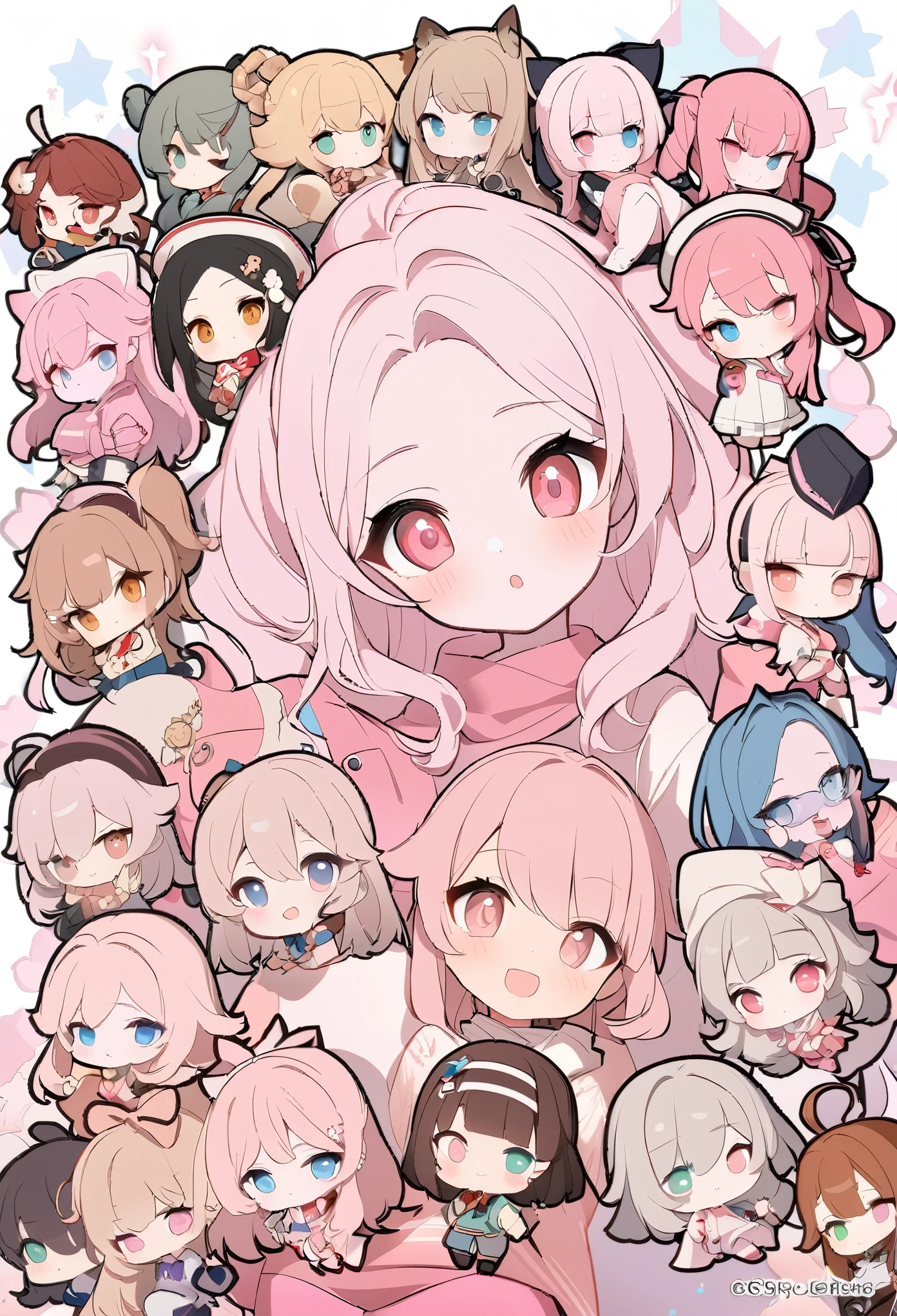 there are many anime characters on a wall with a star, arknights, from arknights, fate grand order, from bravely default ii, crisp clear rpg portrait, chibi, characters from azur lane, kantai collection style, genshin, art of kirokaze pixel, hd artwork, kantai collection arcade, video game genshin impact, granblue fantasy+++++arafed image of a group of asian women posing for a picture, (pink colors), trending at cgstation, pink skin, trending on cgstation, portrait of a pink gang, 1 as february), ulzzang, ((pink)), pink clothes, trending on bbwchan, yanjun chengt, in girls generation, pastel pink skin tone