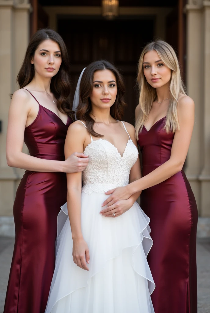 Realistic full body photo of a smiling brunette with long hair, She dances in front of the camera in a long A-line dress with straps made of shiny purple satin.., Park,glamour fotoshooting, Wedding celebration, perfect anatomy, perfect brown eyes. Perfect hands with 5 fingers on each hand, Matching girl, look into the camera, 1 Frau. (Eye make up:1.1), (highly detailed skin:1.1), spirit, analog style, keen focus, 8K UHD, dslr, good quality, Fujifilm XT3, Grain, Award-winning, masterpiece. Wedding celebration. The three women stand in the middle of a group of women and show their beautiful long dresses. Beautiful shoes
