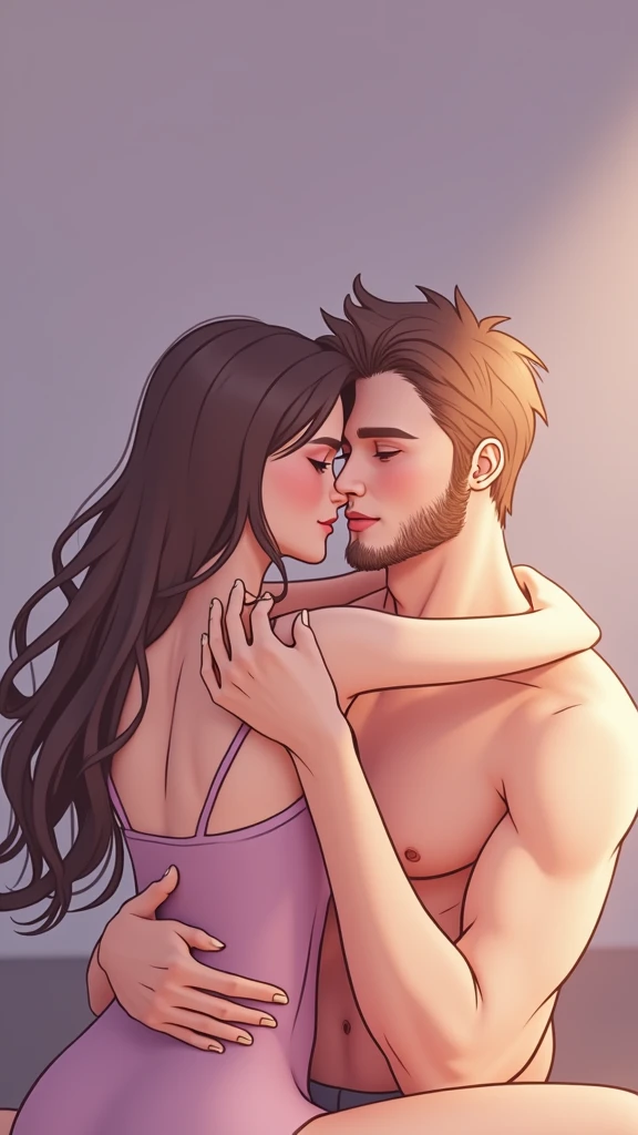 Illustration of a naked couple. The woman is white with black hair that is slightly wavy at the ends., olhos amendoados.
The man is 40 years old, white skinned and very muscular, but taller than her, with very little gray hair..
no clothing