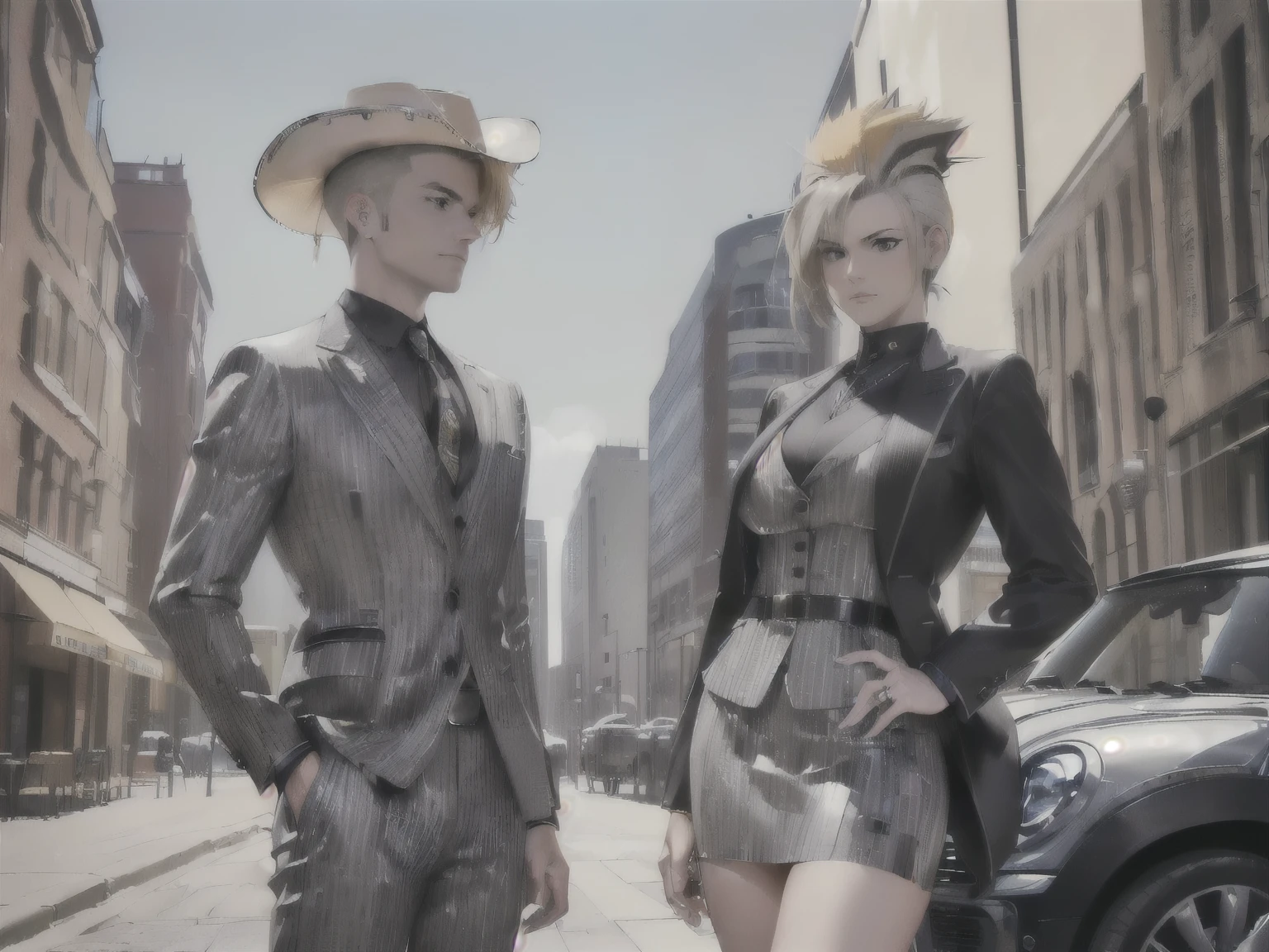 ((best quality, 4k, 8k, highres, masterpiece:1.2, ultra-detailed,Correct Anatomy)),((Woman: mature woman, black eyes, blond hair, Clothing: Gray suit, mini skirt)),Wood bass, Country, Rockabilly, Cowgirl,Cowboy hat, (((Male: Businessman, Android, Robot, Hairstyle: Mohawk,Clothing: Suit))), (((Two members)))