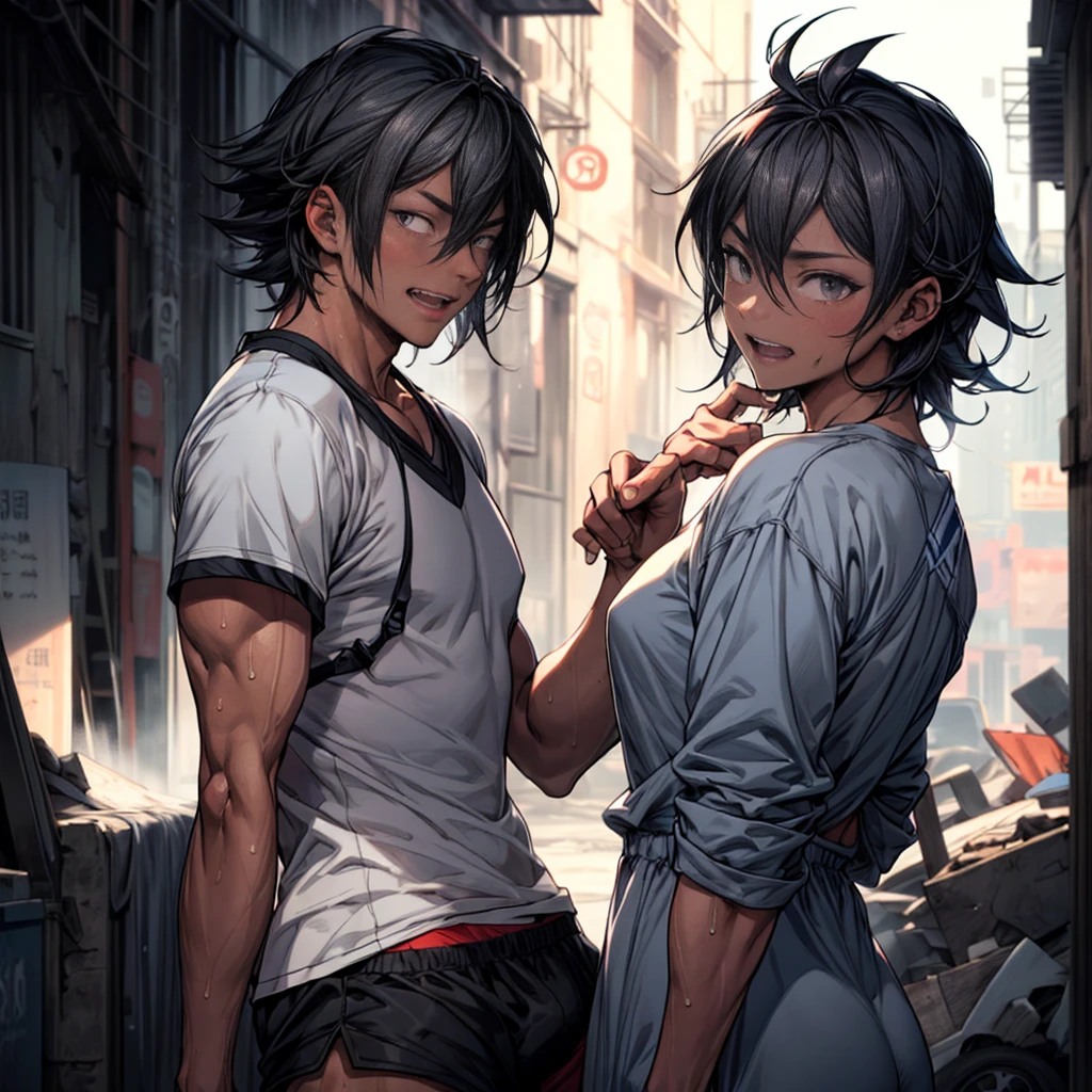 Two men and women facing each other in a street fight。Intense Battle。A man holds out his arm towards a woman。A female street fighter is crying。Covered in bruises。Bloody。shortness of breath。Drooling。Sweaty。Short black hair。Open Finger Gloves。Erect nipples。One eye closed。Leaning back。A ripped and torn sports bra。Denim shorts。