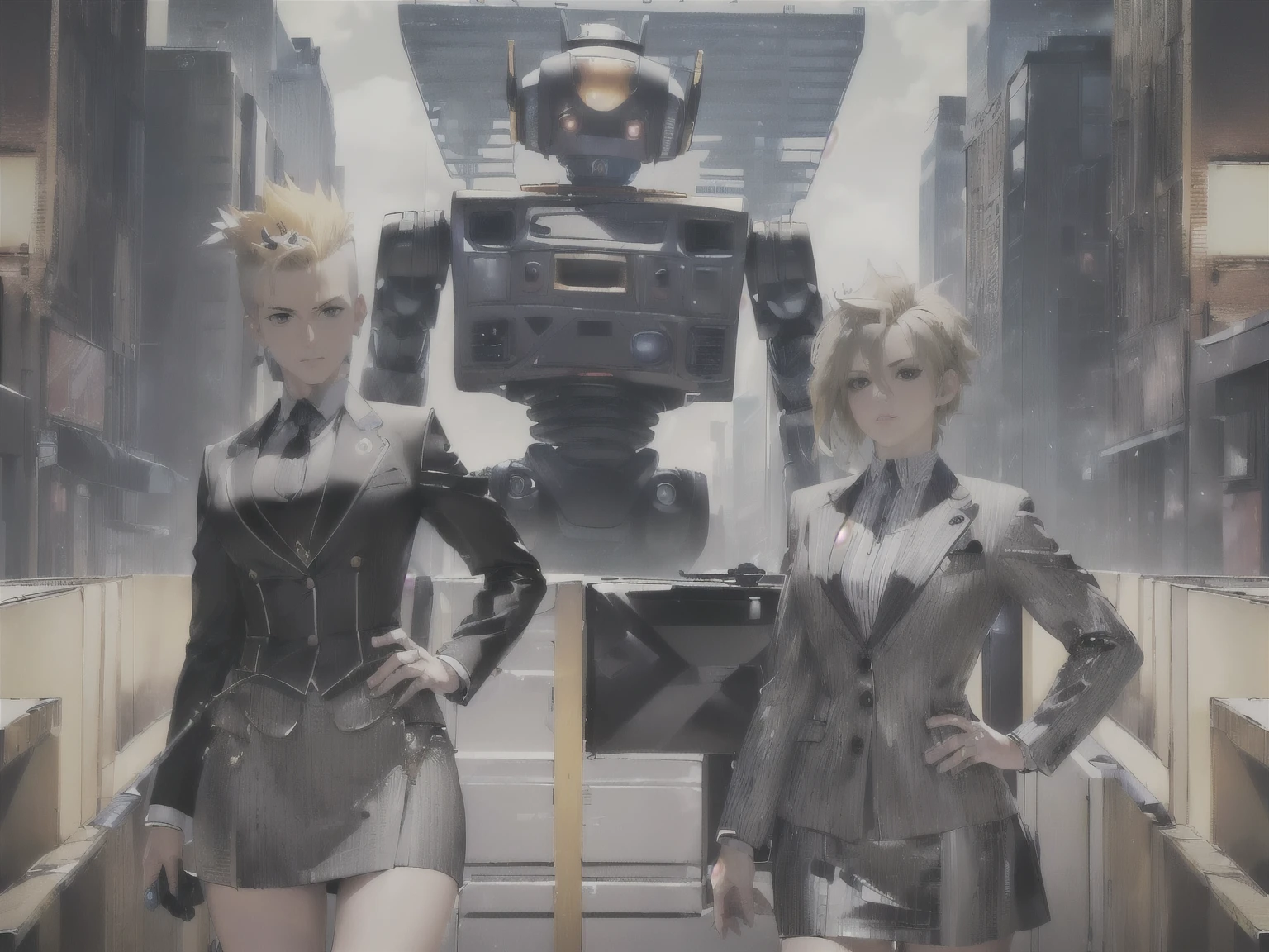 ((best quality, 4k, 8k, highres, masterpiece:1.2, ultra-detailed,Correct Anatomy)),((Woman: mature woman, black eyes, blond hair, Clothing: Gray suit, mini skirt)),Wood bass, Country, Rockabilly, Cowgirl,Cowboy hat, (((Male: Businessman, Android, Robot, Hairstyle: Mohawk,Clothing: Suit))), (((Two members)))