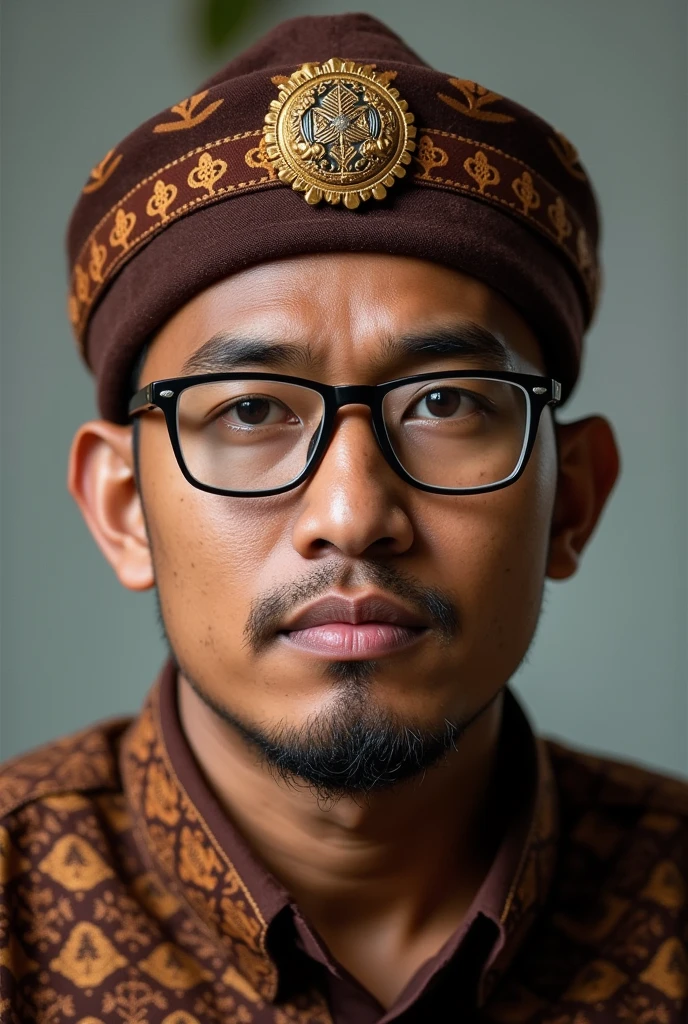 An Indonesian man uses glasses and blankon,photo portrait,photo studio,highly detailed, ACAF