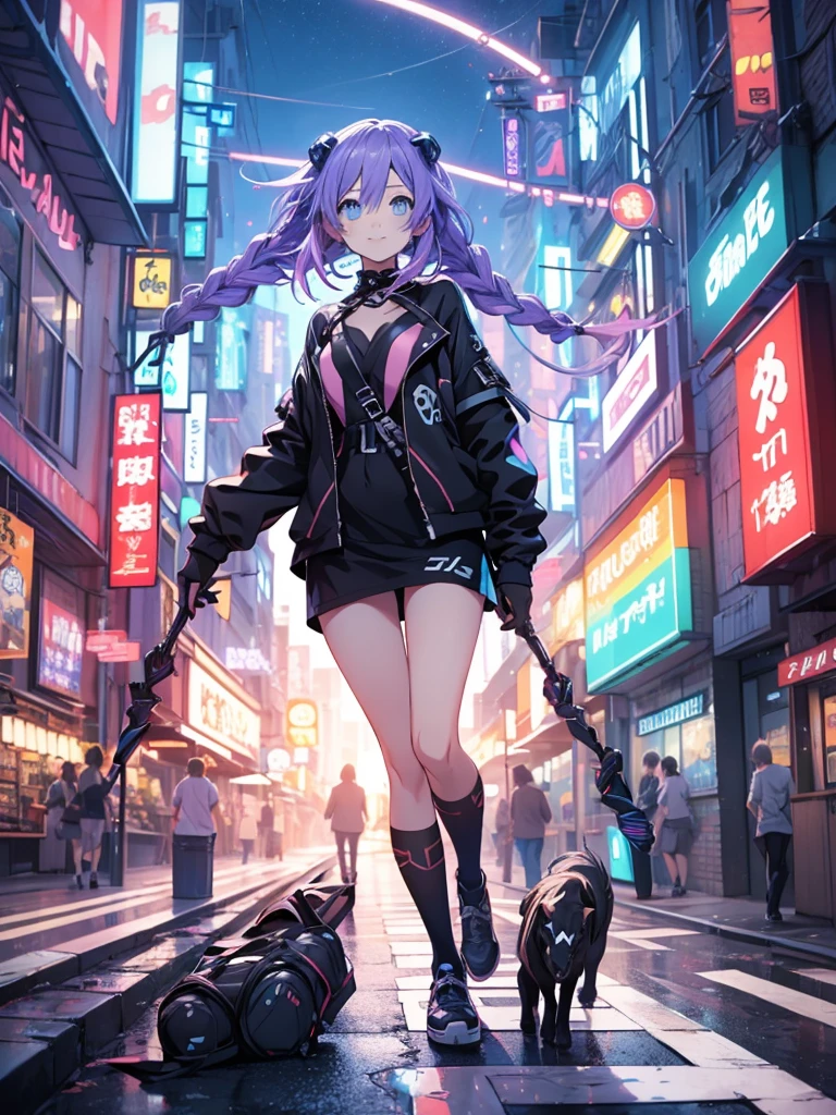 Masterpiece picture quality，Rainbow，Urban girl，ssmile，number art，style of anime，Retro anime girl，Punk girl，in an anime style，dual horsetail，Trendy，neonlight，depth of fields,