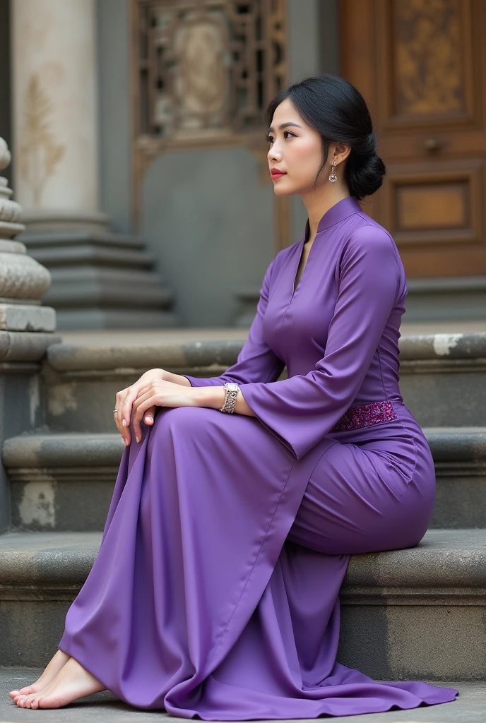 arafed woman sitting on a stone ledge in a purple dress, sukhothai costume, nivanh chanthara, with lovely look, portait image, traditional beauty, in style of thawan duchanee, sitting on temple stairs, in balcony of palace, ao dai, purple bridges with leggins, from side, in style of lam manh