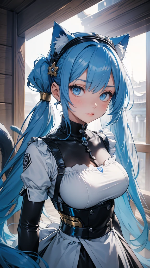 a beautiful girl with long light pink hair, bright blue-green cat eyes, extremely detailed eyes and face, longeyelashes, delicate facial features, glowing skin, serene expression, ethereal beauty, magical atmosphere, (best quality,4k,8k,highres,masterpiece:1.2),ultra-detailed,(realistic,photorealistic,photo-realistic:1.37),fantasy portrait,vibrant colors,soft lighting,cinematic lighting