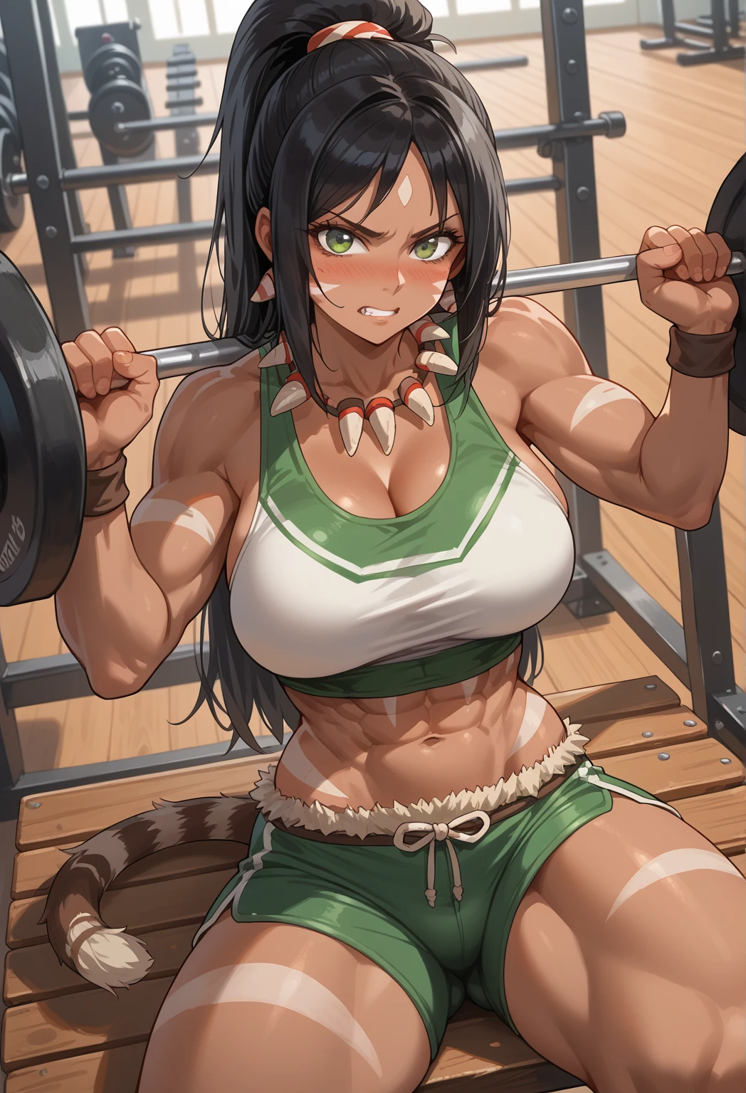 masterpiece, best quality, ultra-detailed, illustration, colorful, 1girl, nidalee, anime, sitting, black hair, poytail hair, green eyes, looking at viewer, tight tank-top, tight shorts, at gym, detailed skin texture, detailed cloth texture, beautiful detailed face, large breasts, blush, clenched teeth, tense emotion, dark skin, white tribal marks, muscular female, lifting barbell, view from above, bench press, lying on bench press board