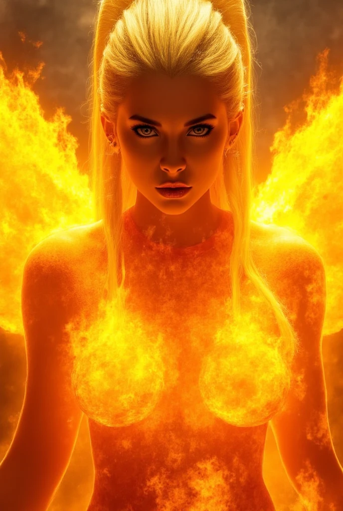 Large orange smoke、Screen full、One woman with orange fire smoke、Beautuful Women、爆乳、blue backdrop、glint、Laser beam、Irridescent color、Fractal Art、
