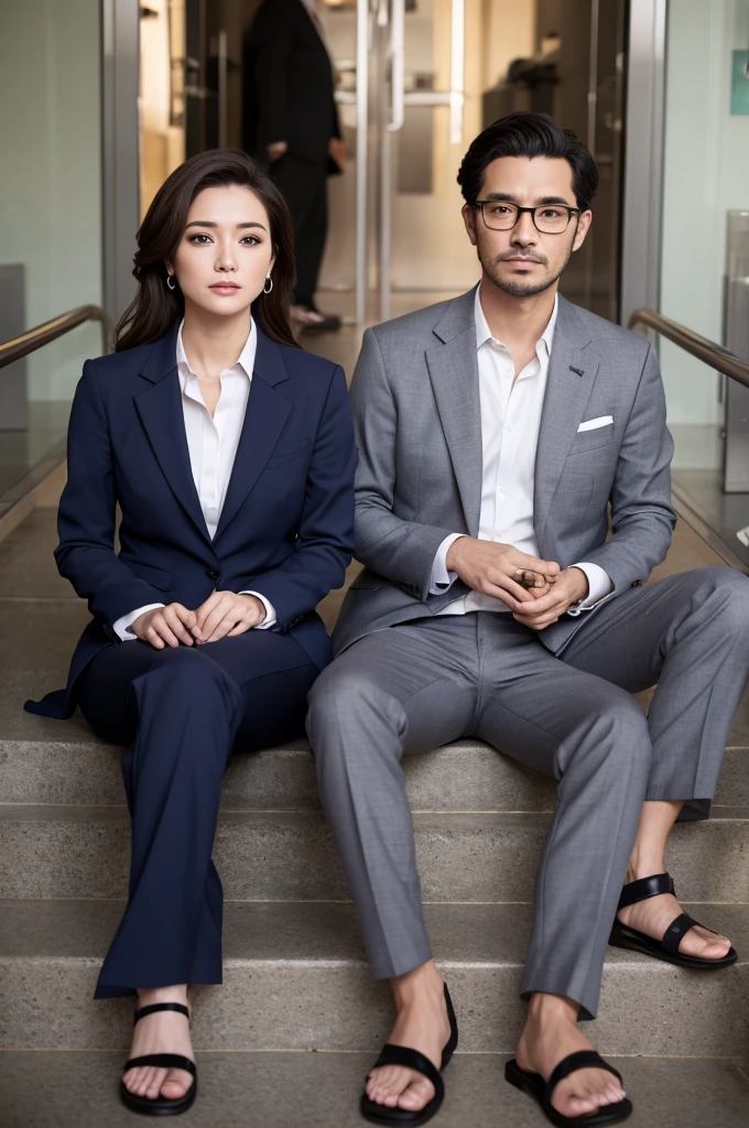 Pure Japanese young girl, outstanding body, beautiful legs, wearing formal suits, high heels, vivid makeup and lips, thick eyebrows, formal black hair styles, sweet smile, professional portrait photography, sitting,