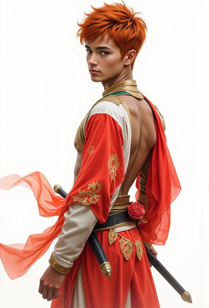  watercolor style 、digitalart、 Very Handsome Man  、Short red hair, Golden eyes,stand,Very white ,Super cute guy ,to reveal、Real Thai mix Korea ,, twenty years old, dummy, thick, very big muscles, Bright white background ,ใส่ชุดสีแดงทองขาวใส Arabian Warrior Aradin Costume , Random gesture , half image,Turn your back to the camera, roses.
