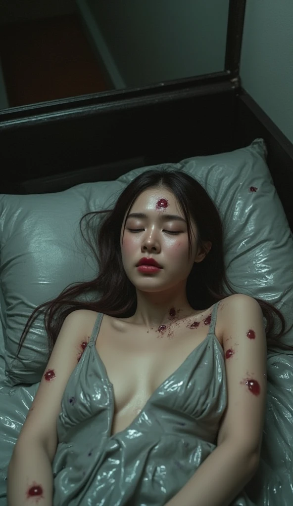  Asian woman wearing a full latex dress ,Sleeping eyes on a rubber bed ,  on her body there are small scars, holes piercing the rubber suit, bleeding