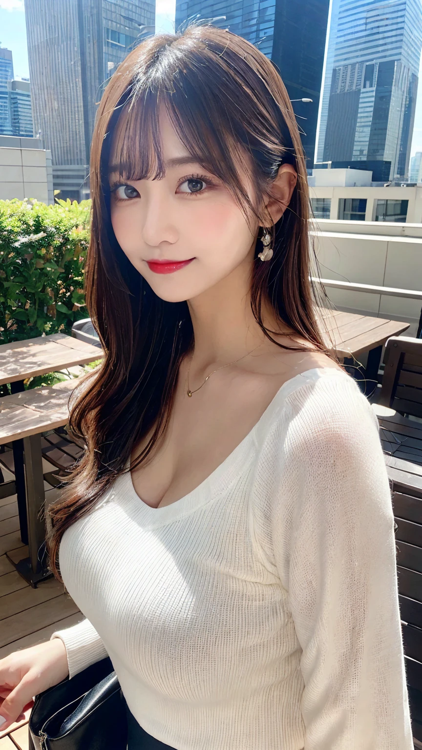 (bewitching smile:2.0、milf:1.5、black long sleeve tight knit:1.5,sunlight:1.3、Clear skies:1.3、ring、embarrassed、coquettish、Tempting sensuality、glamorous,Shoulder bag,Big Breasts,boob cleavage), table top, Best Quality, shape, very detailed, finely, high definition, 8k wallpaper, Detailed and beautiful eyes, straight hair , Random Sexy Poses , natural colored lips、rooftop cafe ,coffee、Tokyo skyscrapers,Big Eyes,