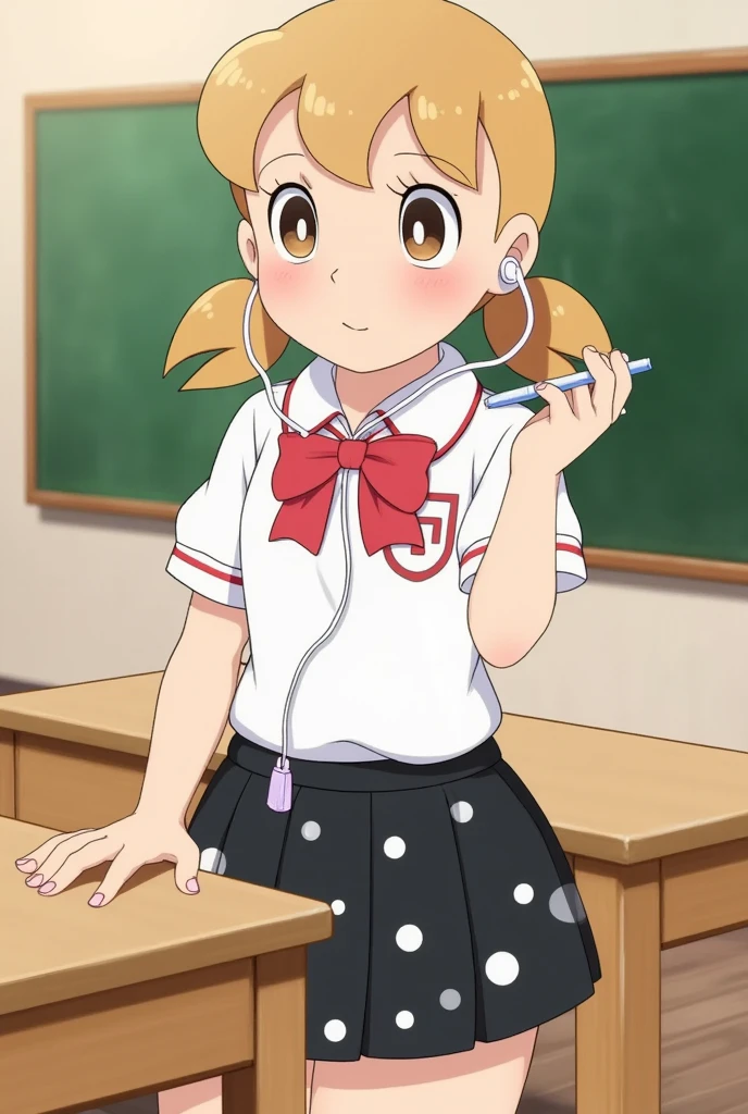 1girl, Niece Kathy, ahoge, Blonde hair, (Brown eyes:1.5), Long hair, one side up, BREAK black skirt, bow, neck bowtie, Collared shirt, Pleated skirt, Polka dots, Polka dot bow, Red bow, red bowtie, red footwear, shirt, shoes, Short sleeves, Skirt, Socks, White shirt, White socks, Classroom,  (Masterpiece:1.2), Best quality, high resolution, Unity 8k wallpaper, (illustration:0.8), (Beautiful detailed eyes:1.6), Extremely detailed face,, Extremely detailed CG, (Perfect hands, Perfect anatomy card，Quietly listen to songs with headphones),