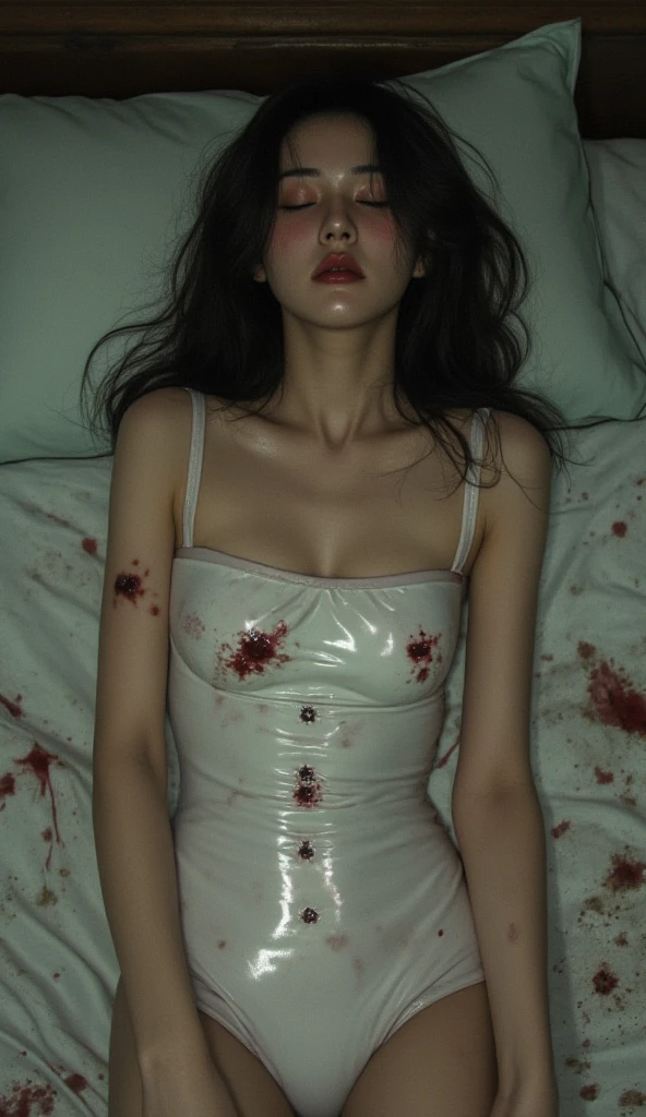  Asian woman wearing a full latex dress ,Sleeping eyes on a rubber bed , On the body there are scars, small holes , in which the suit has bullet marks, piercing the rubber suit, bleeding.