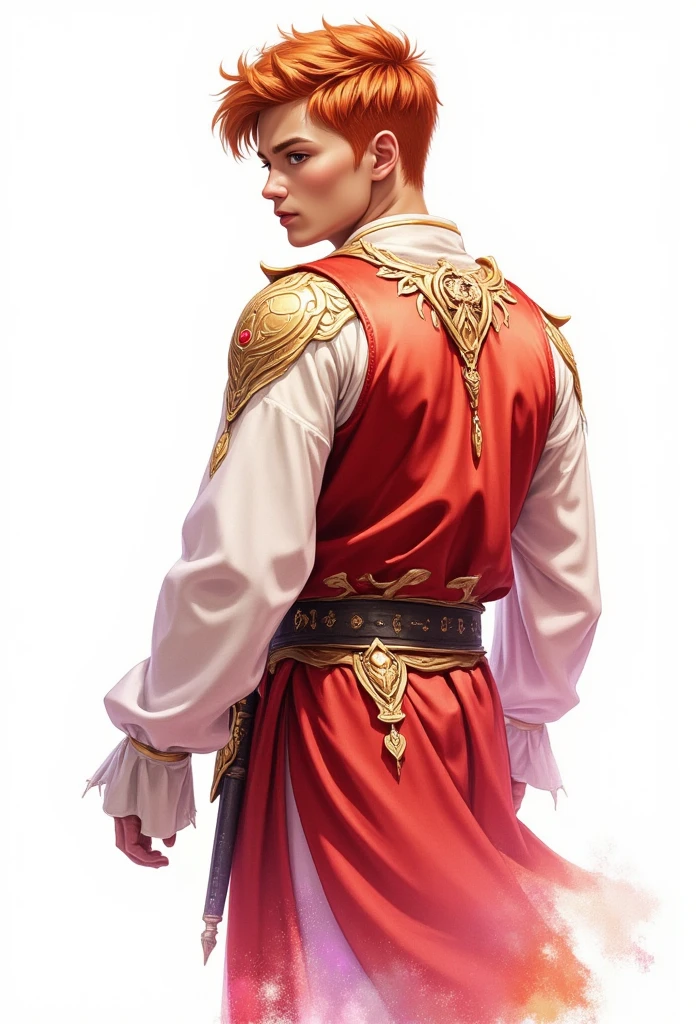  watercolor style 、digitalart、 Very Handsome Man  、Short red hair, Golden eyes,stand,Very white ,Super cute guy ,to reveal、Real Thai mix Korea ,, twenty years old, dummy, thick, very big muscles, Bright white background ,ใส่ชุดสีแดงทองขาวใส Arabian Warrior Aradin Costume , Random gesture , half image,Turn your back to the camera, roses.
