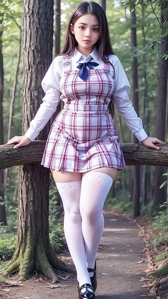 Full body, canera view from bottom, fited figure, cute teen beautiful schoolgirl, beautiful cute teen face big lips, silk plaid skirt pinafore dress, plaid silk pinafore dress, transparent white blouse with short puffy sleeves, red tie, brunet long hair, beautiful eyes. stockings, thick platform shoes, schoolgirl teenager stands in forest, photorealistic, full figere , curvy shiny lips, beautiful eyes