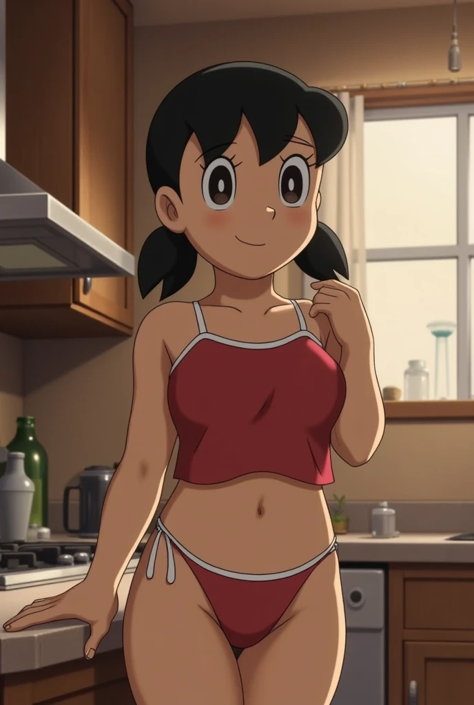 High-quality lighting, shadows, realistically, young woman, very beautiful, Ideal figure, Bob haircut, oversized cropped tank top, thong, kitchen 