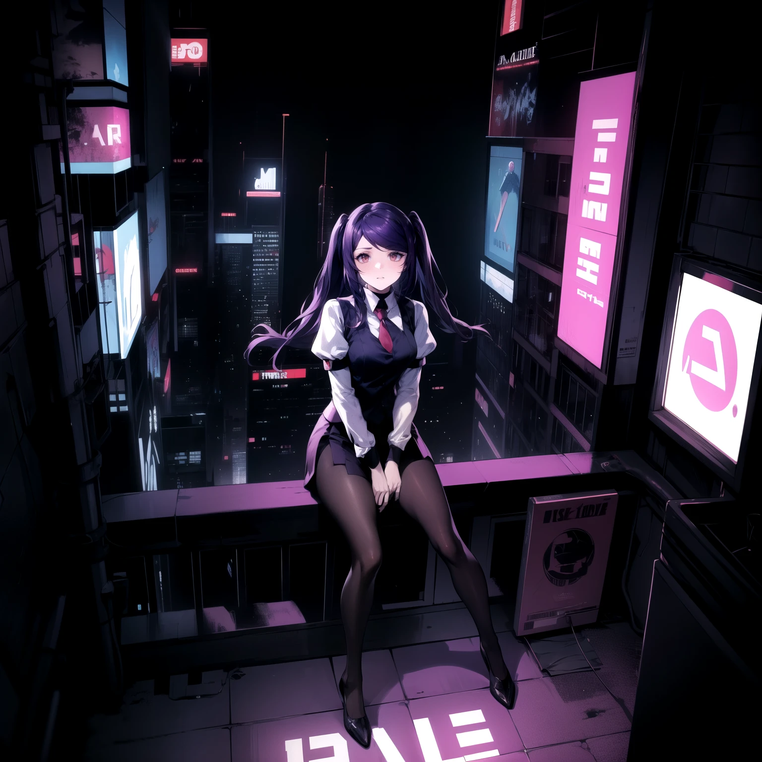 (Masterpiece), Va-11 hall-a, defJill, twintails, turtleneck, collared shirt, long sleeves, red necktie, vest, black skirt, pantyhose, Full body SHOT, (Solo), (sitting on top of a rectangular neon billboard sign standing on top of a rooftop overlooking the purple glitch city), (Night), (Far Away Camera Shot), cyberpunk art style, digital cyberpunk anime art, cyberpunk horror style, dark cyberpunk art style, neon, purple tint,