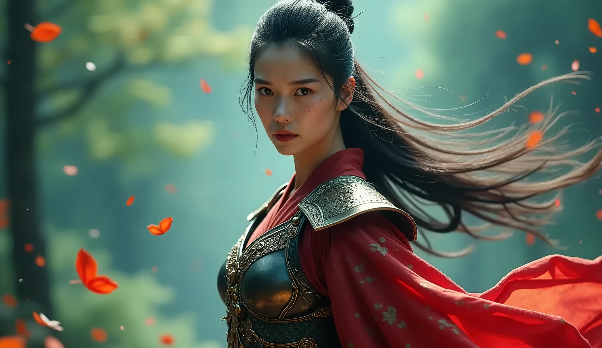 {A semi-realistic Chinese ink painting of a fierce and elegant female warrior with the face of Fan Bingbing. She has extremely long hair flowing in the wind and is dressed in a flowing, long red warrior attire with intricate gold patterns that extends to the edge of the world. She holds a beautifully crafted sword. The background features a dramatic and mystical landscape with red and gold tones, created with traditional ink wash techniques. Her expression is intense and determined, capturing the spirit of a skilled warrior. The wide-angle composition showcases the vast, flowing expanse of her dress and hair, emphasizing the elegance and strength of the female warrior. --ar 16:9 --stylize 750 --v 6}