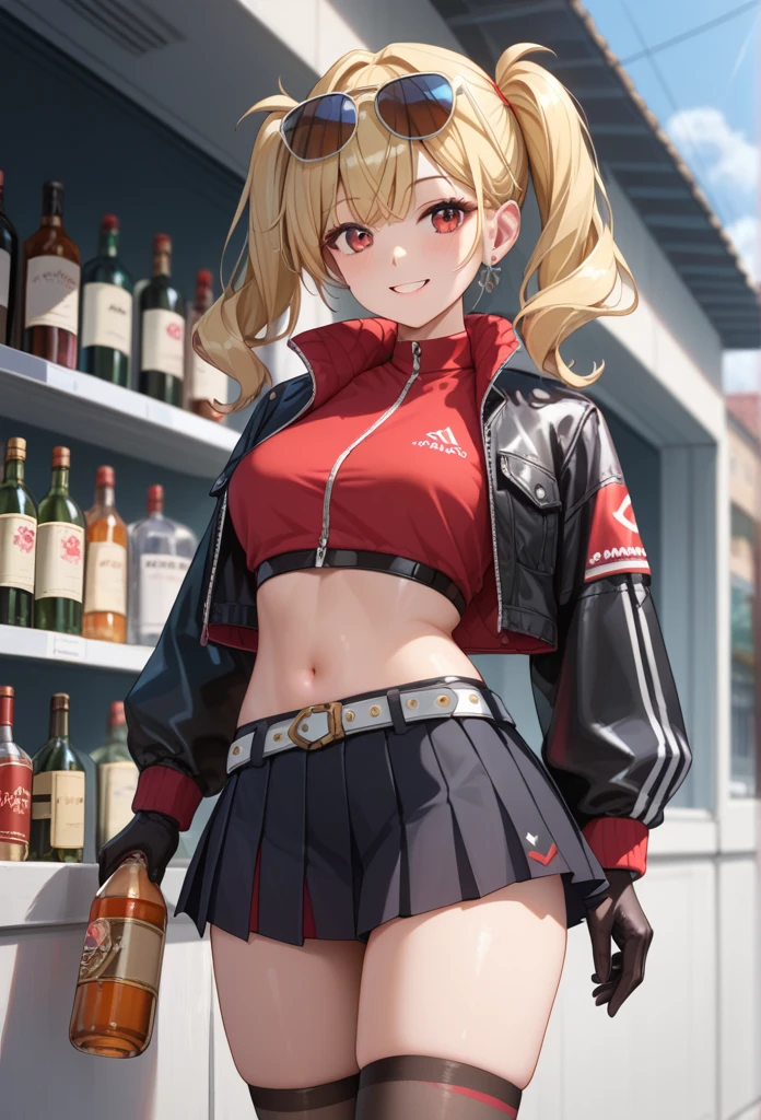 A girl in a black jacket and shorts is standing beside a bottle,  1 girl, Alone, skirt, cropped  jacket,  jacket, open  jacket, Absolute territory, breast, black skirt, pleated skirt, belly button,  watching viewers , abdomen, Open the clothes, Thighs丈, Glasses on head, stomach, Gloves, black Gloves,  crop top,  Twin Tails, sunglasses,  clevis,  place your hands on your lower back, miniskirt,  skin pattern , Thighs, black  jacket,  long sleeve , belt, smile,  cowboy shot, red eyes, black Thighs丈、Blonde