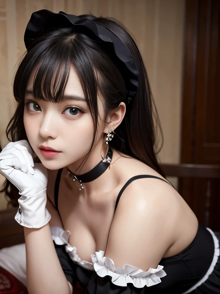 8K,  Black velvet bunny girl costume, velvet, a 20 yo woman, Bokeh background, bokeh feeling,  Girl's room, a smile, White Skin Skin, A pretty girl, breasts on table, White choker and black bow tie, White cuffs, two side up