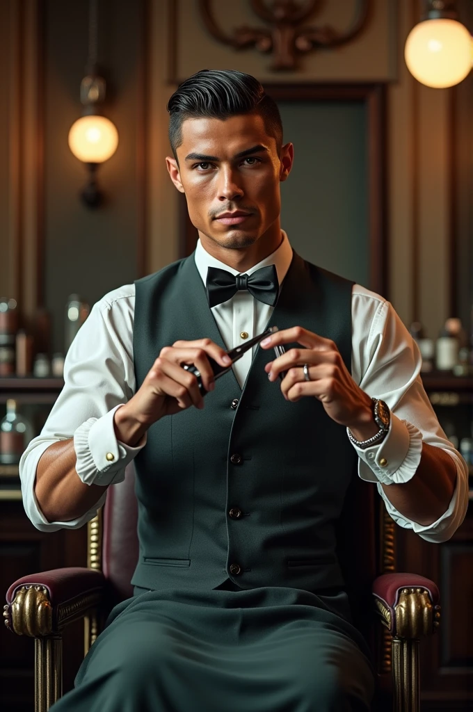 Woman and CR7 Ronaldo with a formal suit but with the design of the Juventus club in Turin, He is playing in a themed casino decorated with soccer style and brands of soccer teams and CR7 Ronaldo in a coin swallow style. The logo of the Juventus club in Turin can be seen on the game chips.
