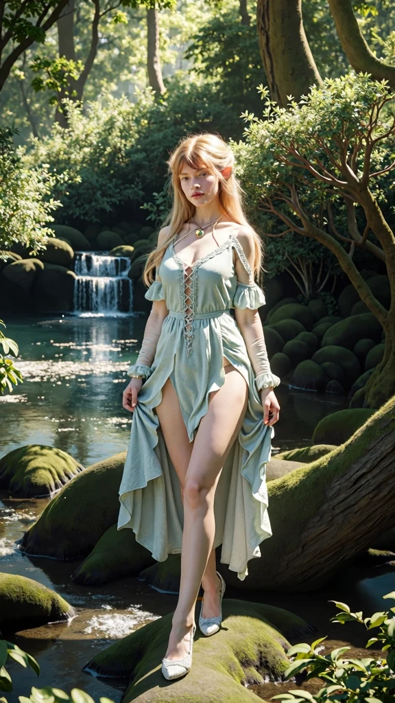 "Elf princess with a captivating gaze, ethereal beauty, flowing golden hair with elven braids, deep blue eyes, adorned in a sexy blue intricate elven transparent gown, a delicate golden circlet crown low on her brow, surrounded by a small stream in a mystical forest filled with flowers, soft sunlight filtering through lush greenery."