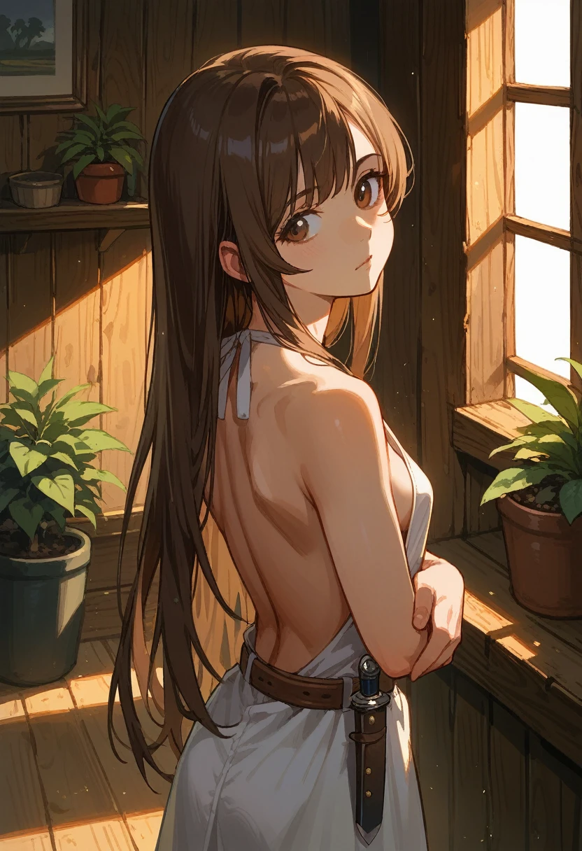 Highest quality,20-year-old,Cowboy Shot,Are standing,short hair,((Soaking wet:1.4)),(Brown Hair),((Puzzled:1.5)),((Embarrassing:1.1)),((Blush 1.5)),(Soaking wetの白いフリル付きブラウス),Anatomically correct hands,No bra,((Brown Skin:1.5)). The background is the entrance to the house.,afternoon.