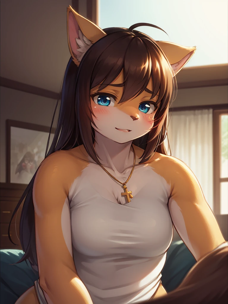 beautiful, (masterpiece), high quality, Highly detailed CG Unity 8k wallpaper, High resolution, perfect lighting, youthful, adolescent, tall, slim, skinny, frail slender figure, slim legs, medium breasts, furry deer character, huge sharp antlers, distinctly feminine figure, narrow hips, long legs, thick, fluffy, volumetric fur, sports bra, cinematic high fidelity, golden fur with black spots, black hair in a high ponytail, close up angle, kneeling, glamour pose, low angle, sweaty, intimate, looking at camera, deep detailed brown eyes, detailed fluffy fur, fluffy fur texture