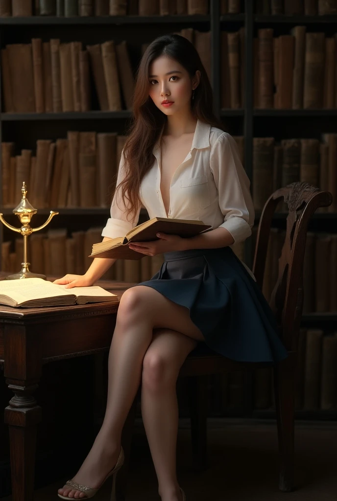 Young russian lady with underwear reads the book in library