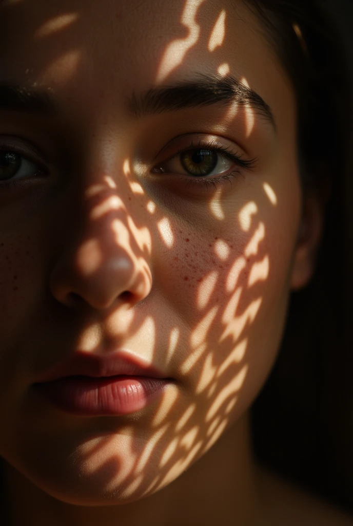 A photo of a (face bathed in patterned light:1.3), (speckled shadows:1.2), (captivating gaze:1.1), (contrast of light and texture:1.2), artistic interplay, (sharp luminous streaks:1.1), (detailed iris:1.1), Sony α7R IV, 1/320s, f/2.8, ISO 400, (enigmatic expression:1.2), (highlighted facial contours:1.1), (intimate portraiture:1.2), RAW file format, (visual rhythm:1.1), (intrinsic contrast:1.2).