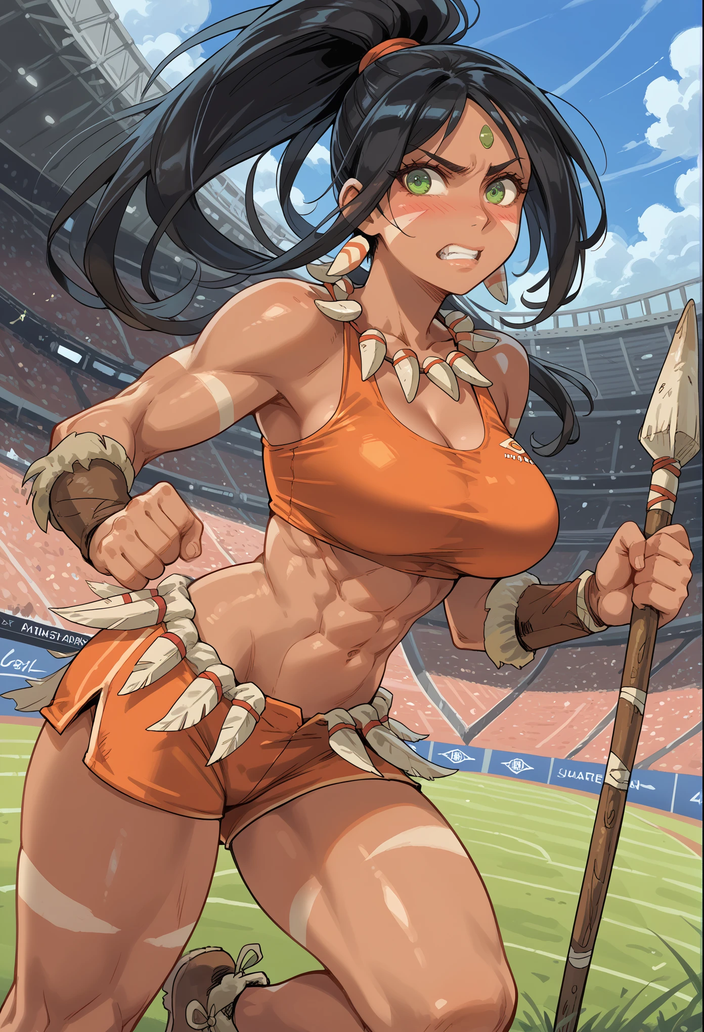 masterpiece, best quality, ultra-detailed, illustration, colorful, 1girl, nidalee, anime, black hair, ponytail hair, green eyes, tight tank-top, tight shorts, at stadium, detailed skin texture, detailed cloth texture, beautiful detailed face, large breasts, blush, clenched teeth, tense emotion, dark skin, white tribal marks, muscular female, holding large spear, running, throwing spear