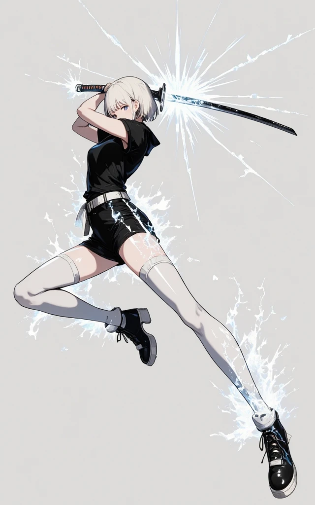 1girl,solo,full body, white hair, short hair,armed,holding 1 japanese katana sword, katana is shining, katana is exploding, the blade emitter burst energy, glow sword,glowing,illusion light,bright,photon mapping,global illumination, translucent,volumetric light, energy burst,heels, white dress, tights, look st viewer , katana raised up, dark background, black background, 