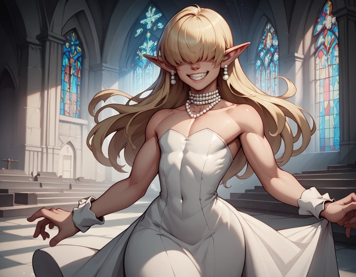 score_9,score_8_up,score_7_up,
Clergyxl,pointy ears,hair over eyes,blonde hair flat chest,smile,teeth,long hair,hips,
bare shoulders,white strapless dress,pearl earrings,wrist cuffs,wristband,neck brace, femboy, 1boy,
church,underworld,