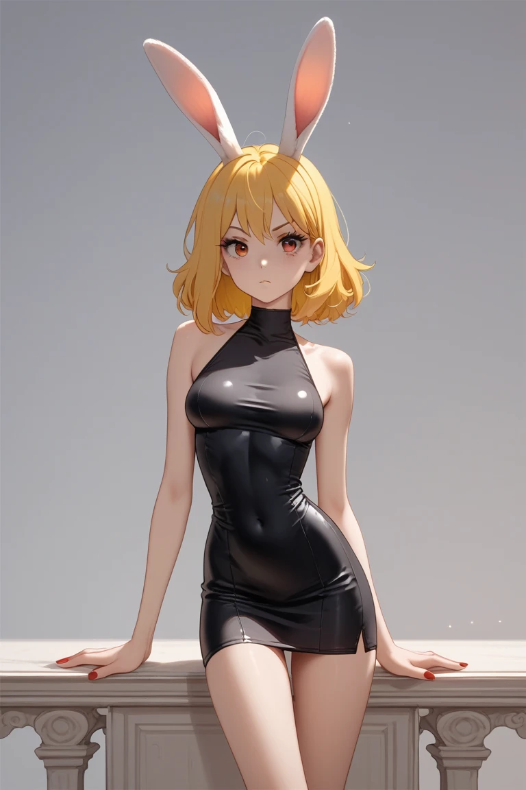 (side angle), slender body, tiny waist. sexy body, sexy figure, slim legs, slim figure, sexy, tiny waist, desireable, tempting, lust, Opcarrot, yellow hair, slim white bunny ears with pink insides, semi-tight orange dress, side-less dress, (((open sides on dress))), very short dress, mini dress, semi-tight dress, ((no fabric on the sides on dress from top to bottom)), medium breasts, slender body, petite body, -like body, slim, tiny waist. slender body, tiny waist.