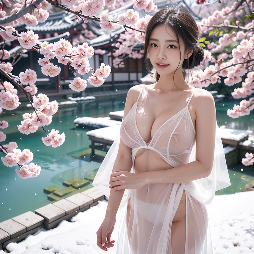 a beautiful young girl，Firm Big  ， erect nipples ，cleavage，Translucent tulle garments，A beautiful Japanese girl with big  wearing ，Nipples standing under clothes ， Moist ，Moisture-wicking shirt， open both hands and hold the dripping plum blossoms， background in snow plum blossom ， white plum petals fly full screen，Cherry Blossom Snowstorm，light smile