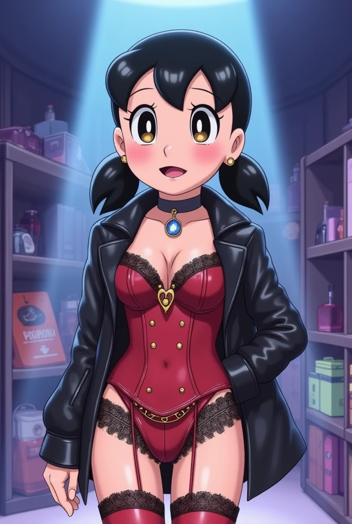 (kawaii), (evil valley girl), (:1.4), (leather coat:1.5), lace-trimmed latex bra, lace-trimmed corset and thighhighs, garter belt, garter straps, highleg panties, thong, pantyhose, collar, leather boots, knee-high boots, high-heeled boots, stiletto boots, colorful, (anime face:1.2), (scornful smile), ear ring, necklace, (low poly), (extreme evil smile:1.3), highlighted eyes with eyeliner, false eyelashes, (look down:1.3), (looking at viewer), (ultra detailed), (best quality), perfect face, (finely detailed beautiful face:1.3), artistic color palette, color grading, spotlight, soft shadows, light makeup, blushed, ((Focus on the face)), (one beautiful girl looking at you from below:1.5), (ultra detailed perfect face:1.4), (standing in honor)