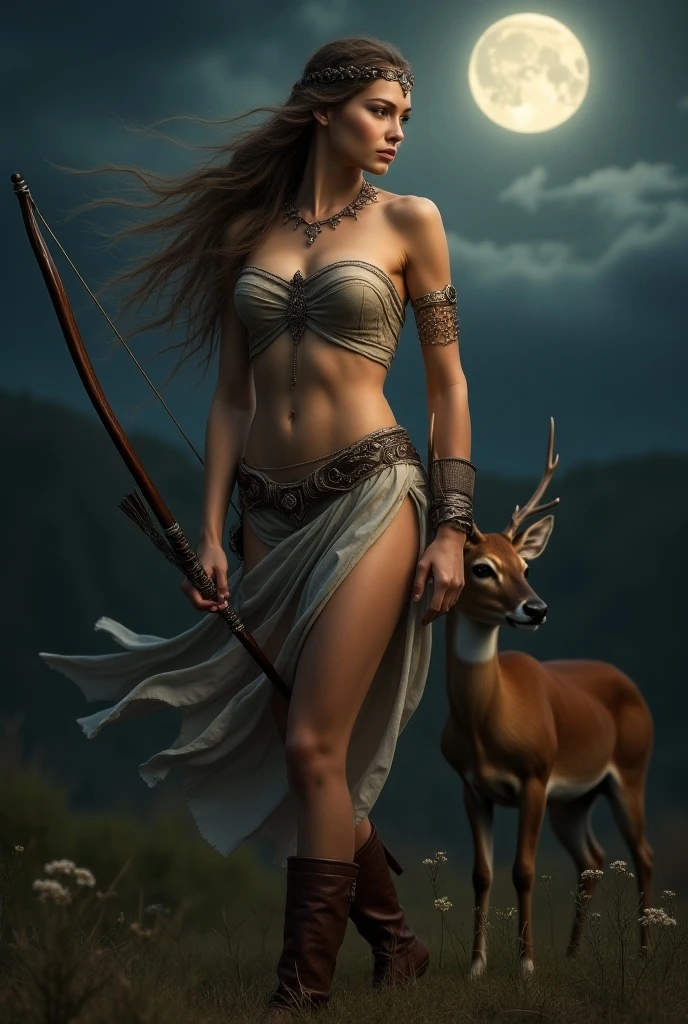 (there is a woman sitting next to a white small deer, bow, archery, full body, cinematic screen, ethereal, detailed, alluring succubus, ethereal beauty, perched on a cloud, (fantasy illustration:1.3), enchanting gaze, captivating pose, otherworldly charm, mystical sky, soft colors, (detailed cloudscape:1.3), (high-resolution:1.2), ((masterpiece)), (best quality), HDR, ((masterpiece)), (best quality), HDR, FEMME,artistic, Soft color palette, windblown flowers, Sparkle, magical photography, Soft smooth lighting, Light background,[light smile], expressionless, ON beach, sea, dramatic sky, warmtone, woman running,, a mature sad female, ethereal, large breasts, vivid color, bare shoulders, arms down, armpits, thighs, [light smile], expressionless, masterpiece, 8k resolution, fantasy art, ((high jumper's body proportions)), ((((no panties)))), ((no panties))), ((( No pants))),(((No socks)))),(No skirt)))),((No shoes)))),((Dynamic posture)))), (Full body))), , (Greek feet), (Carefully groomed nails),((Delicate and small toes, perfect toes))), (Camel toes),((Correct anatomy)),((Correct dissection))),( Clothing: high slit design, white flowers cut at the waist, perfectly blending with the figure))), (((the world of clouds and mist))), (the clothes are painted with dirty and blood )))),