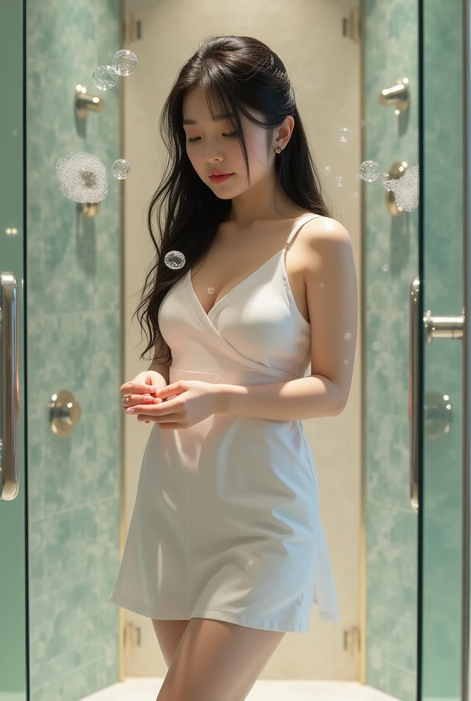 Pieckfinger, ((masutepiece)), Best Quality, Woman in bright white shirt standing under shower, jaw-dropping beauty、wearing translucent sheet, Young Pretty Gravure Idol,  game_nffsw, wearing a wet white short dress, Wet shirt, Smooth white tight clothes suit, covered in transparent cloth, Sit on the floor、realistic skin textures, shinny skin、