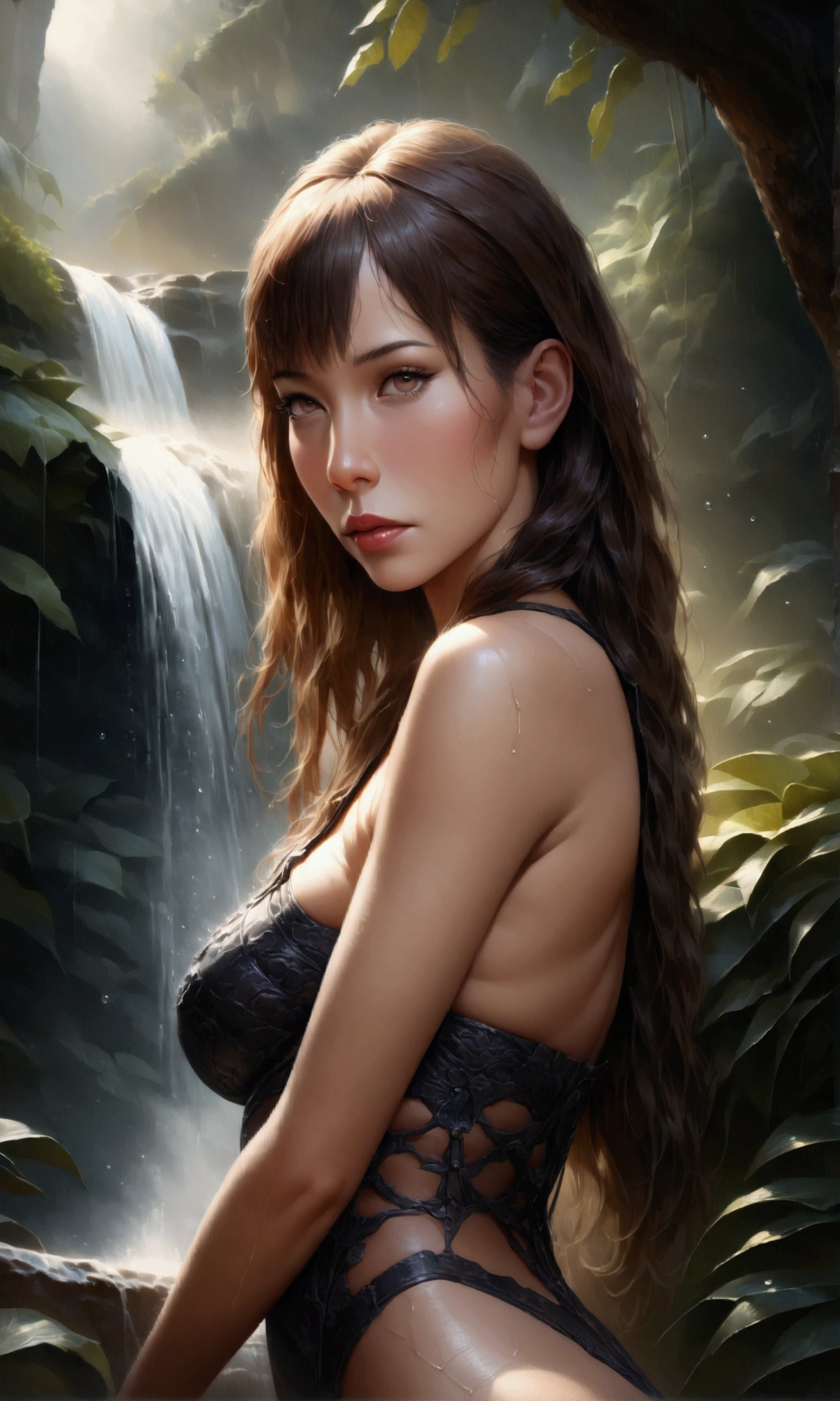 Passionate first sexual penetration with her husband,best quality bending down side portrait, nude adult woman, sharp focus on body,beautiful realism, radiosity,real texture,real body physics,extra luscious areola bosom exposed,wet and sensual rain forest,